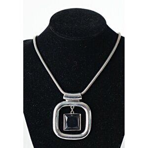 Vintage Modern Necklace Silver Toned Squares Black Center Snake Chain